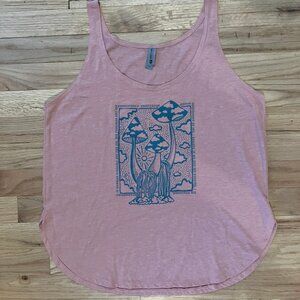 Peach Pink Tank Top with  Inspirational Teal Mushroom Printing (Large)